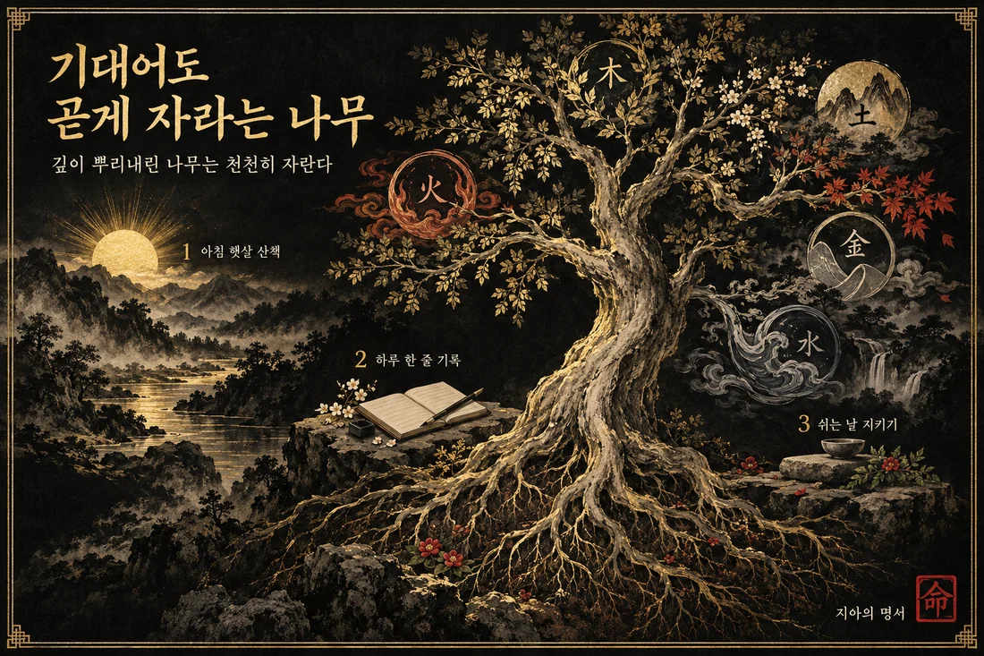 명서 그림 예시, 기대어도 곧게 자라는 나무: 뿌리 깊은 금빛 나무와 다섯 기운