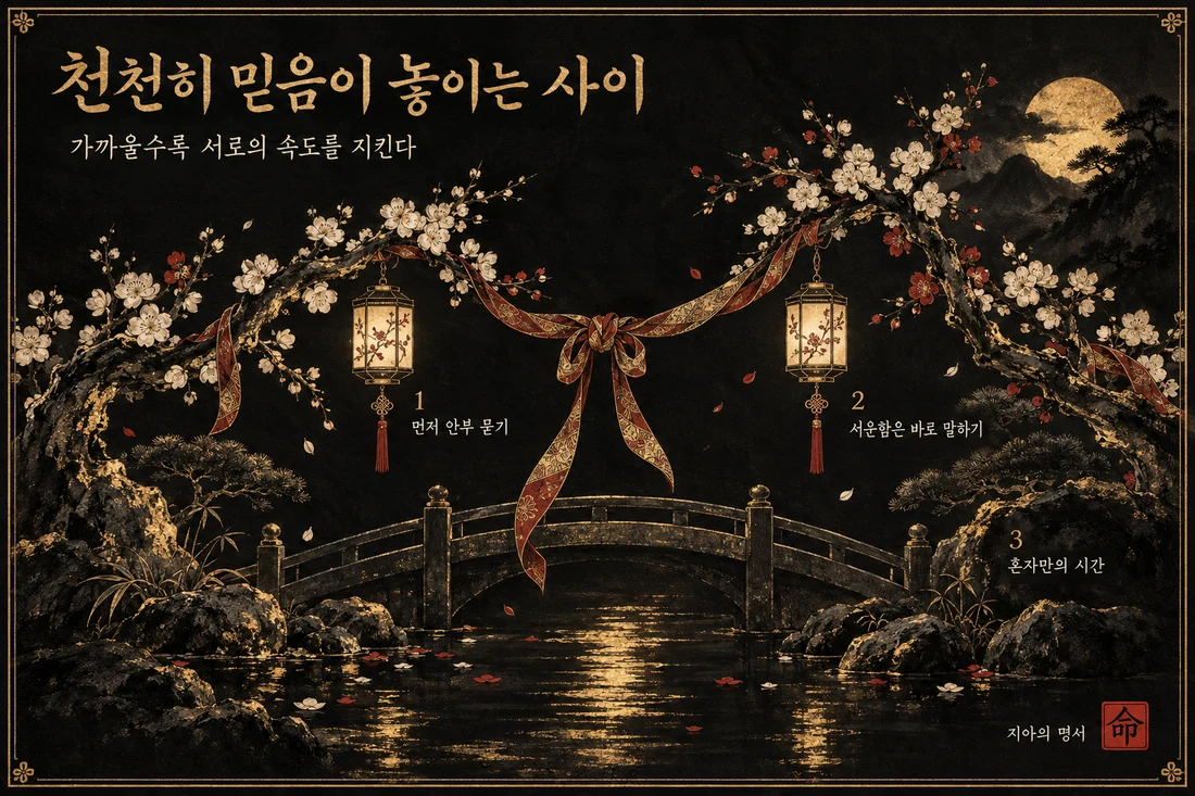 명서 그림 예시, 천천히 믿음이 놓이는 사이: 다리 위에서 만나는 두 꽃가지와 등불