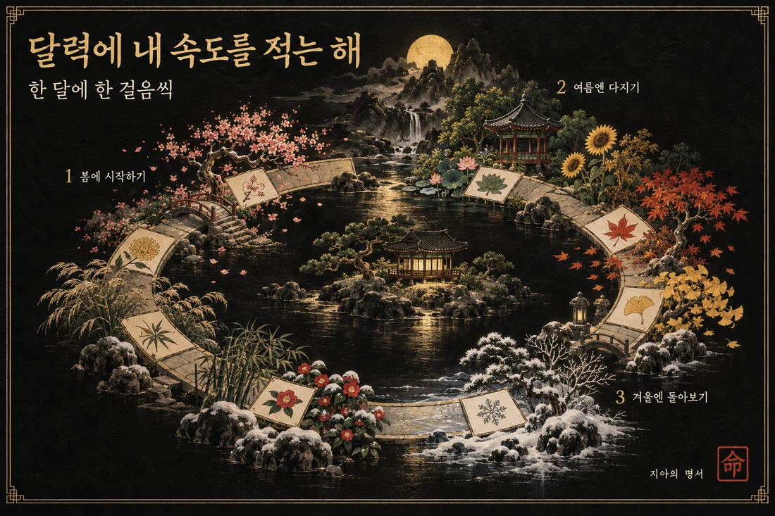 명서 그림 예시, 달력에 내 속도를 적는 해: 열두 자리가 있는 둥근 계절 정원
