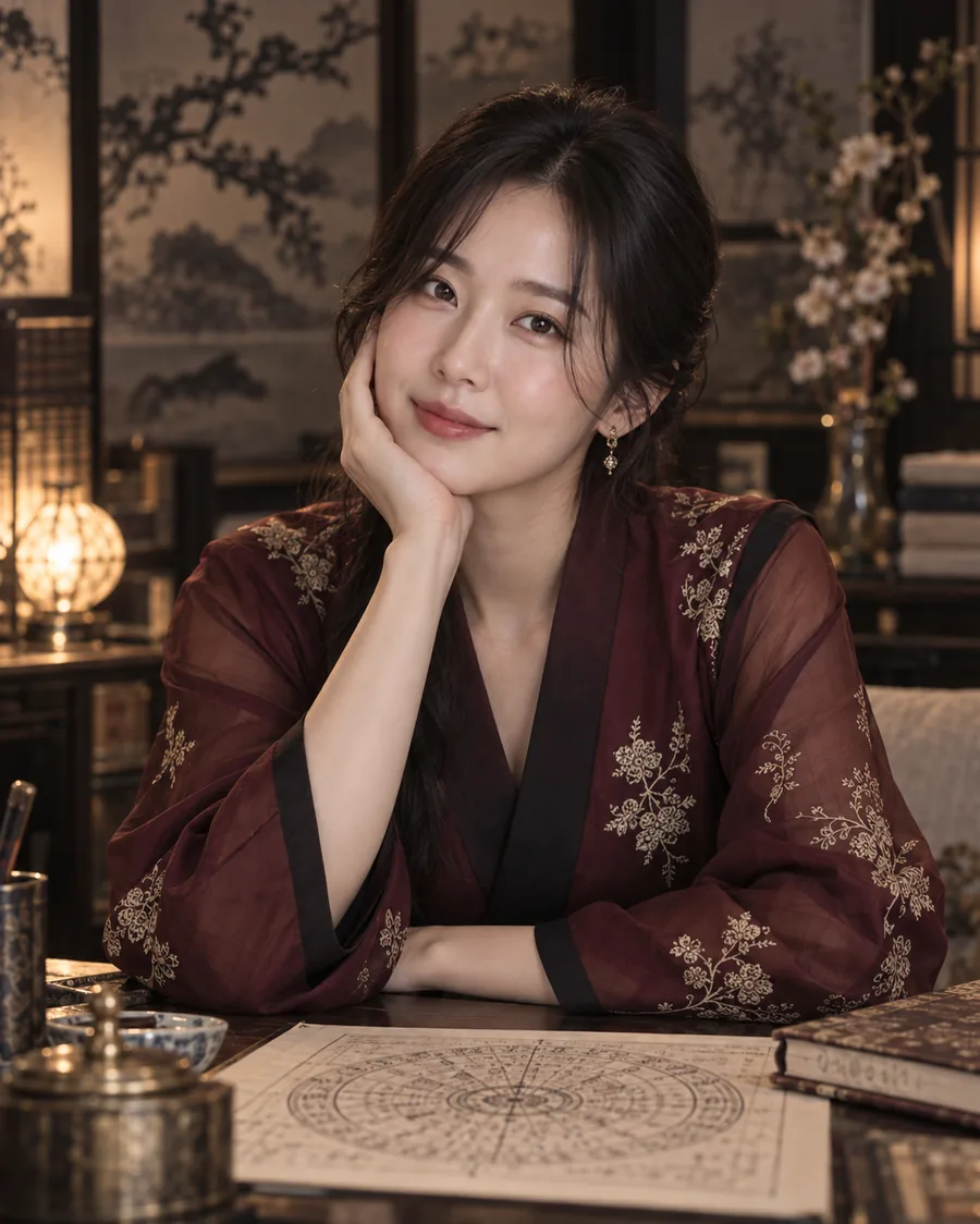 서율의 초상. 등불이 켜진 서재 책상에 턱을 괴고 앉아 미소 짓는 기록관